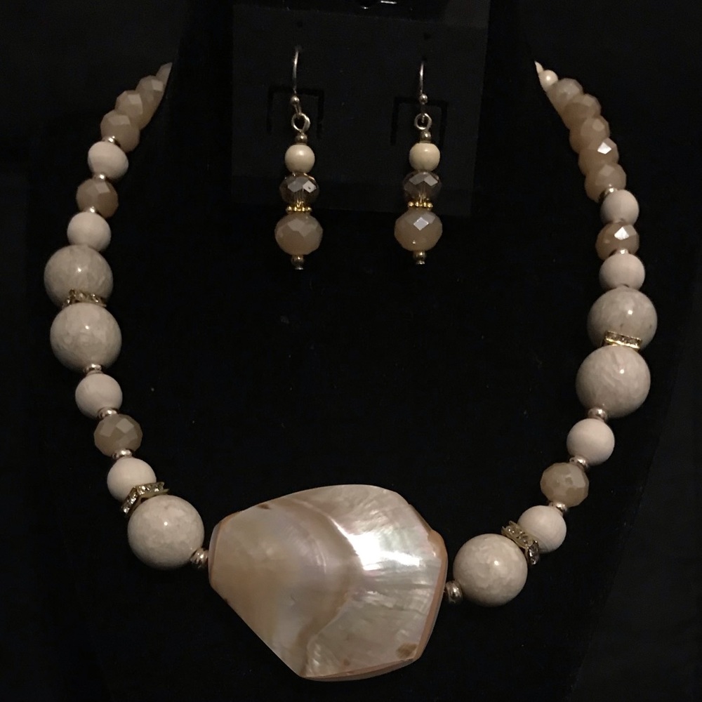 Shell and Gemstone Bead Necklace and Earring Set